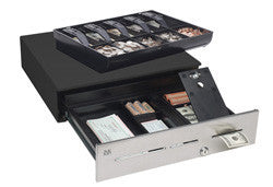 MMF, ADVANTAGE, CASH DRAWER, NO SLOT, STAINLESS STEEL FRONT, 18X16, US STANDARD 5/5 TRAY, 12/24, STANDARD LOCK, KEYED RANDOM, NO BELL, BLACK, CABLE NOT INCLUDED
