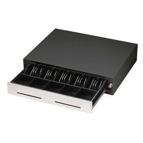 MMF, HERITAGE STAINLESS FRONT W/2 MEDIA SLOTS, 18.8W X 15.25D, 5 BILL/5 COIN US TILL, PRINTER-DRIVEN, KEYED-RANDOM, BLACK, INCLUDES AN EPSON/STAR KWICK KABLE