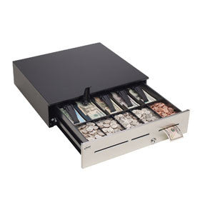 MMF, ADVANTAGE, SEE ALSO ADV-INABOXUS-04, CASH DRAWER, 3 SLOT, STAINLESS STEEL FRONT, 18X16, US STANDARD 5/5 TRAY, 12/24, STANDARD LOCK, KEYED RANDOM, NO BELL, BLACK, CABLE NOT INCLUDED