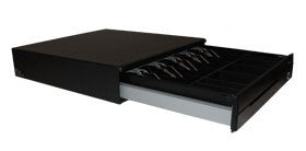 POSIFLEX, CASH DRAWER, CR-3000, PRINTER DRIVEN, 15.75W X 16.15D X 3.4H, 5 Bill, 6 COIN, US OR CA, SCRATCH RESISTANT, BLACK, CABLE INCLUDED