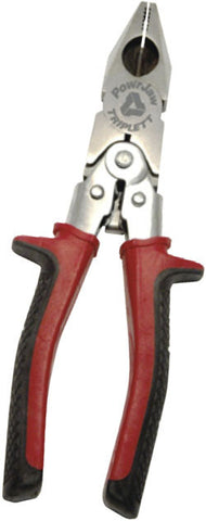 TRIPLETT, PROFESSIONAL 8" ELECTRICIAN'S PLIERS WITH LOCKABLE HANDLES. MADE FROM LIGHTWEIGHT, BUT STRONG CRV STEEL. FEATURES COMPOUND ACTION TO PROVIDE 100% GAIN IN GRIPPING POWER, AND SERRATED JAWS T